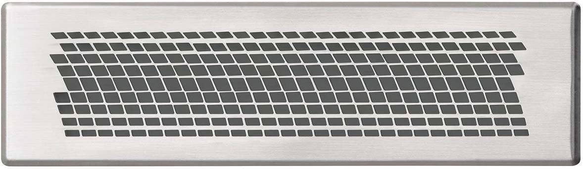 Eine rechteckige Metallplatte mit einem Muster aus versetzt angeordneten quadratischen Löchern, das symmetrisch von links oben nach rechts unten verläuft.