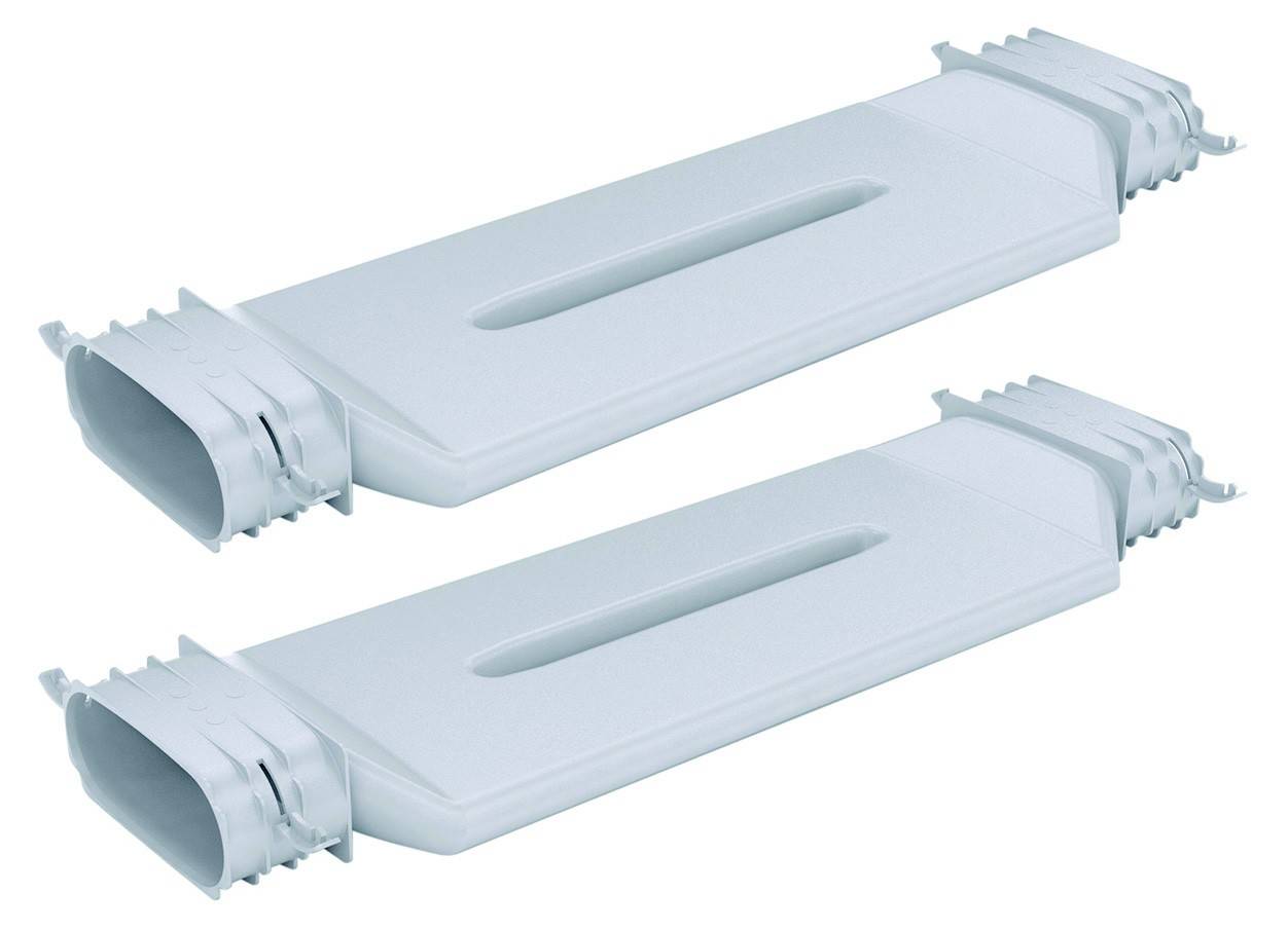 Zwei weiße ovale Adapterstücke in rechteckiger Form, vermutlich aus Kunststoff. Sie sind flach und zeigen seitliche Steckverbindungen.