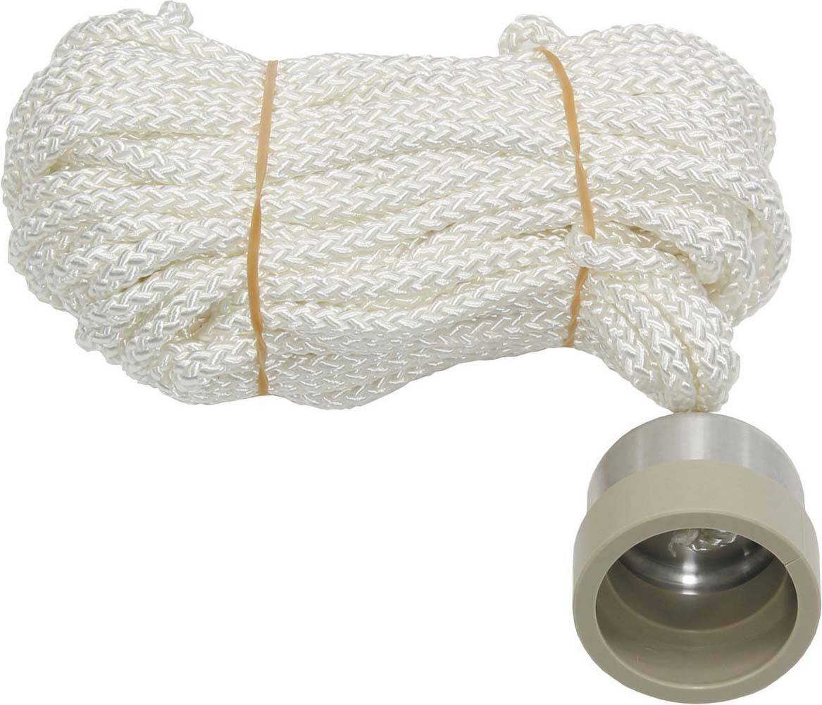 Ein weißes Seil ist zu einer Rolle aufgewickelt, daneben befindet sich eine beige Kunststoffhülle mit einer Metallöffnung.