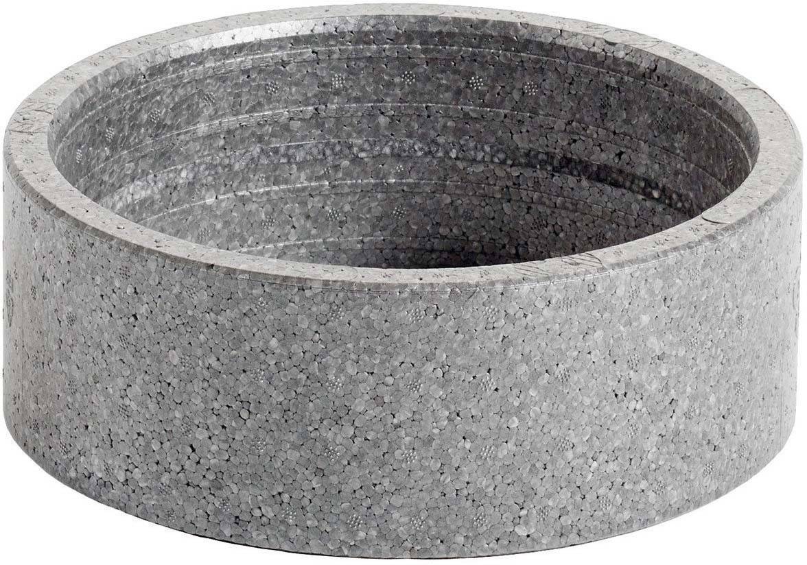 Grauer, runder, strukturierter Steinbehälter, leer und ohne sichtbaren Inhalt.