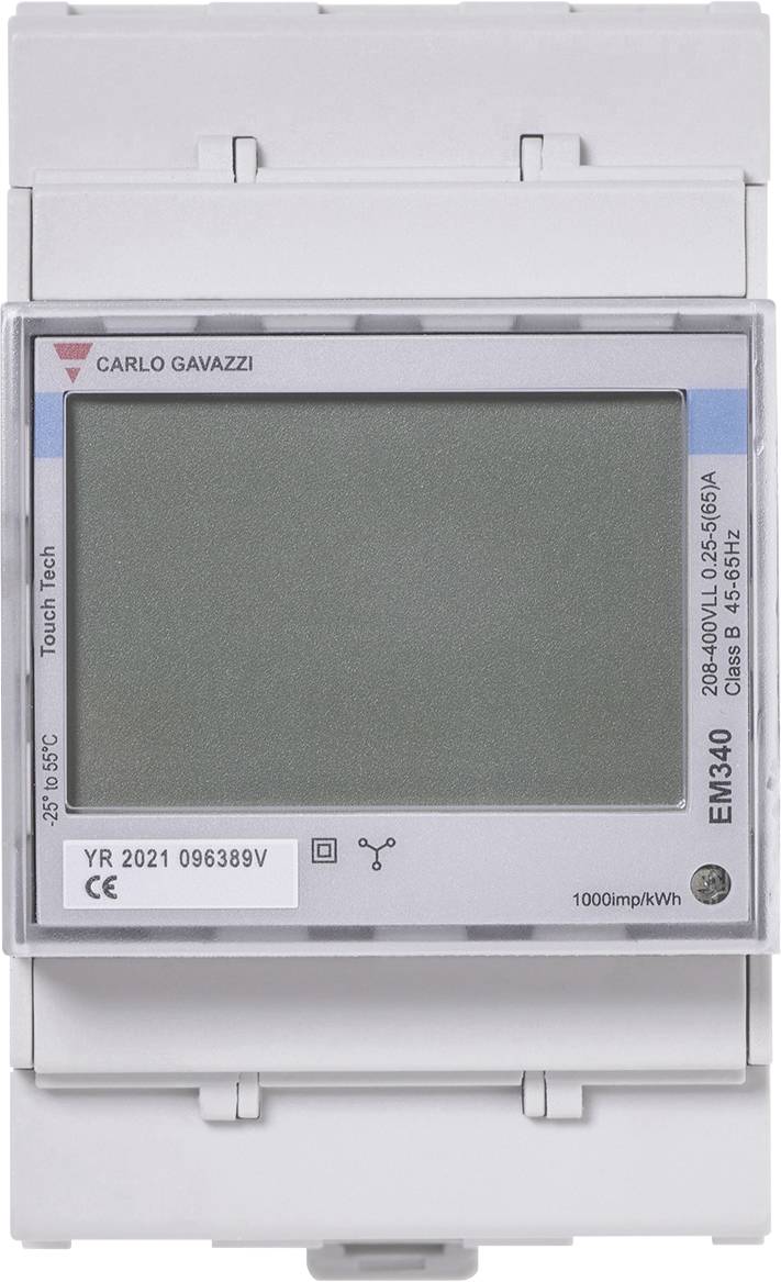 Carlo Gavazzi EM340 digitales Stromzähler mit leerem LCD-Display, montiert in einem grauen Gehäuse.