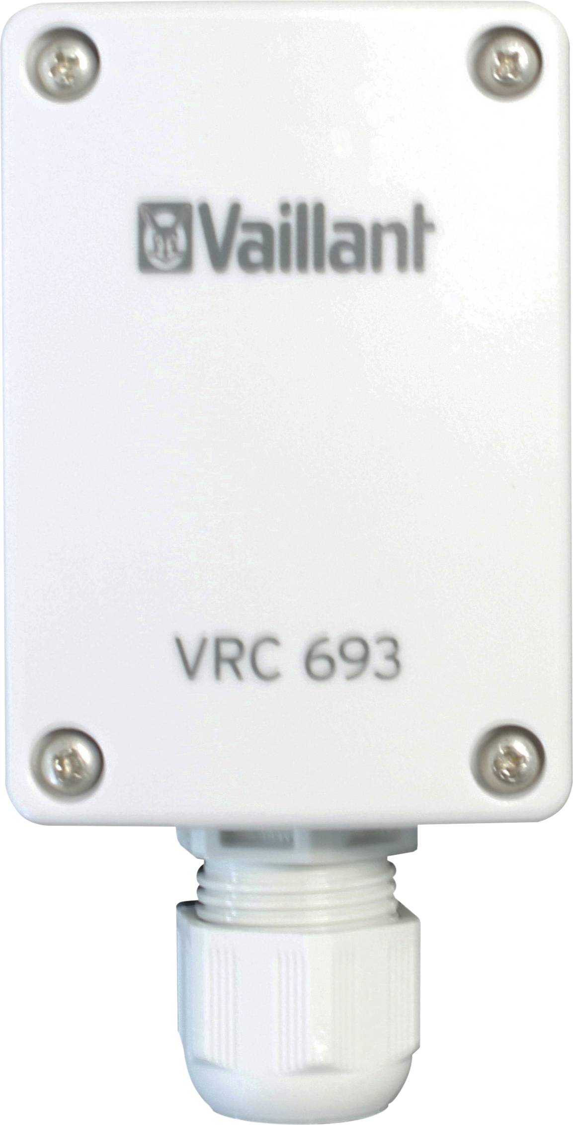 Weiße Vaillant VRC 693 Steuermodule mit vier Schrauben und eine Kabelverschraubung, frontal auf einfachem Hintergrund gezeigt.