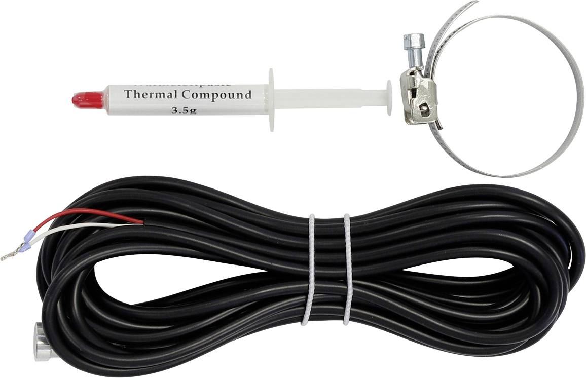 Wärmeleitpaste-Spritze mit Klammer und einem aufgerollten schwarzen Kabelstecker, wahrscheinlich ein Elektronik-Kühlset.