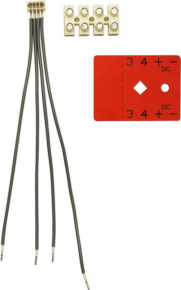 Ein Kabel mit vier Drähten, ein Oberteil mit vier Anschlüssen und eine rote Markierung mit '3 4 + - DC' in einem technischen Kontext.