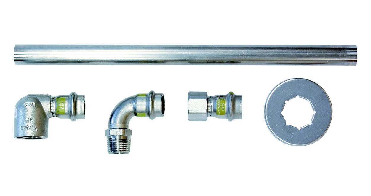 Metallrohr, Winkelverbinder, gerader Verbinder und Flansch. Komponenten für Gas- und Wasserinstallationen.