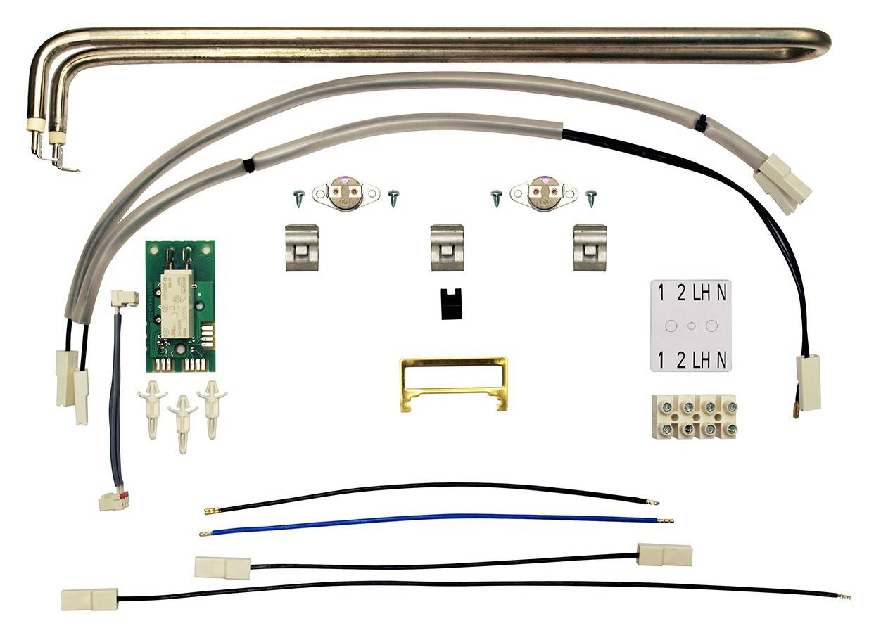 Ein Reparaturset mit verschiedenen elektrischen Kabeln, Steckverbindern, Heizstäben und einer kleinen Platine, angeordnet auf weißem Hintergrund.