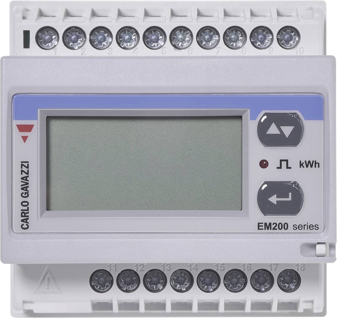 Digitales Elektrizitätsmessgerät mit leerer LCD-Anzeige und kWh-Anzeige, gekennzeichnet als Carlo Gavazzi EM200 Serie.