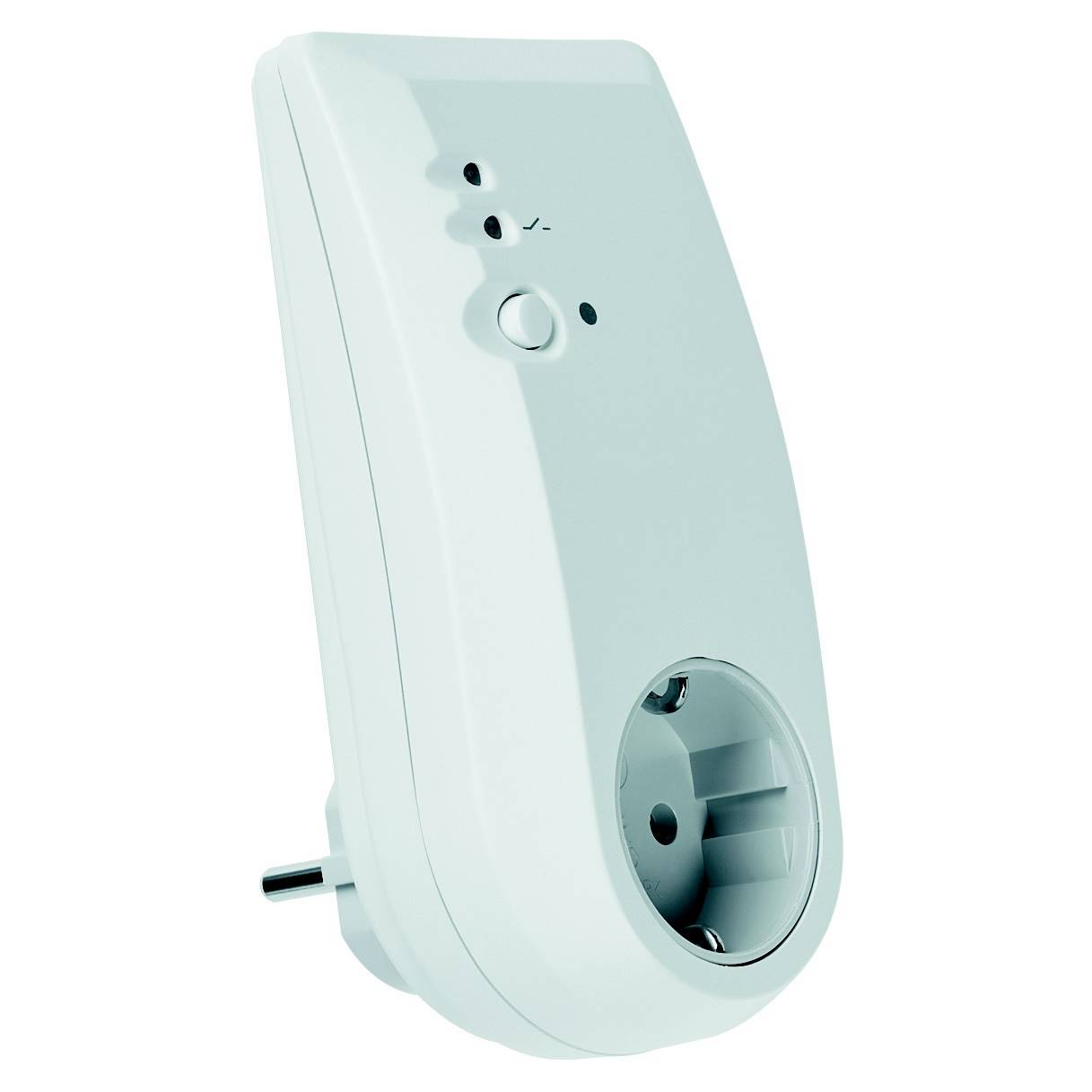 Weiße Smart-Steckdose mit Ein-/Ausschalter, LED-Anzeigen und Steckverbindung an der Seite, dargestellt auf weißem Hintergrund.