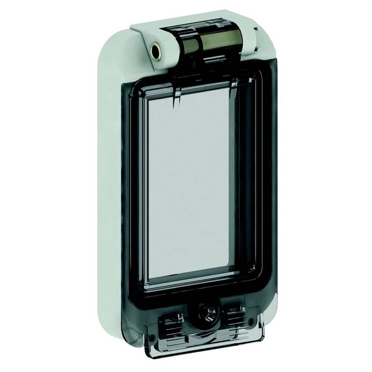 Transparente, klappbare Schutzabdeckung, geeignet für elektronische Geräte oder Schalter, mit hellem Gehäuse und dunklem Verschluss.