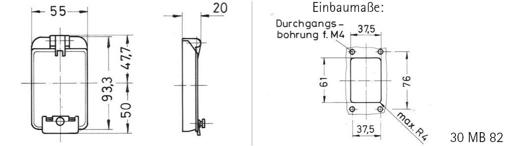 Technische Zeichnung eines rechteckigen Gehäuses, zeigt Maße: Breite 55 mm, Höhe 93,3 mm, mit Befestigungslöchern.