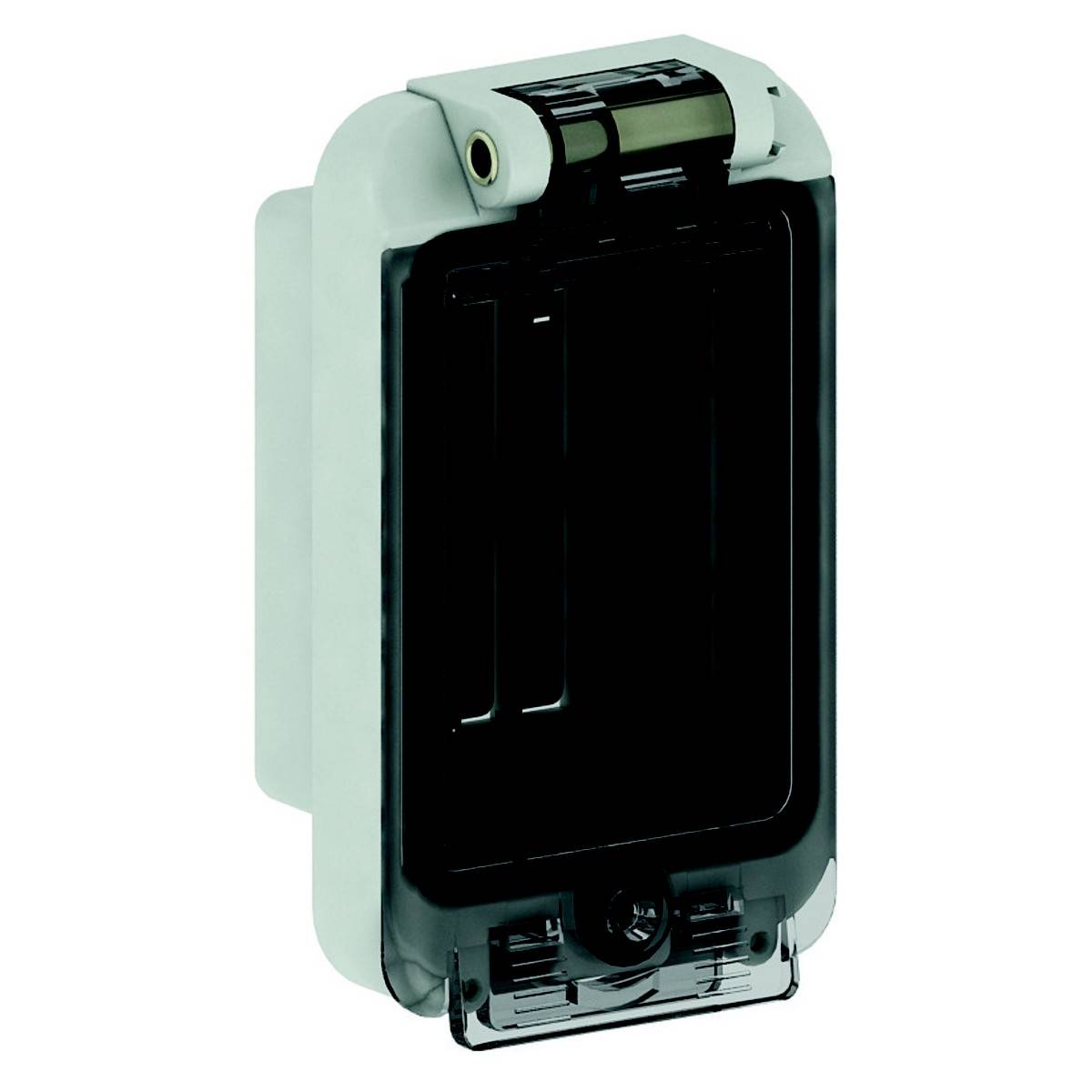 Elektronisches Gerät mit Kunststoffgehäuse und transparenter Abdeckung, wahrscheinlich ein Wetterschutzschalter oder -steckdose.