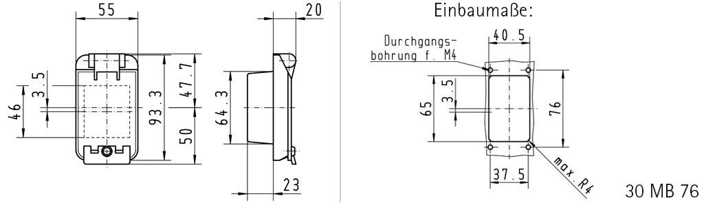 'Einbaumaße' technische Zeichnung mit Maßen in Millimetern: Breite 93,3 mm, Höhe 55 mm, Tiefe 23 mm; Durchgangsbohrung '1 M4'.