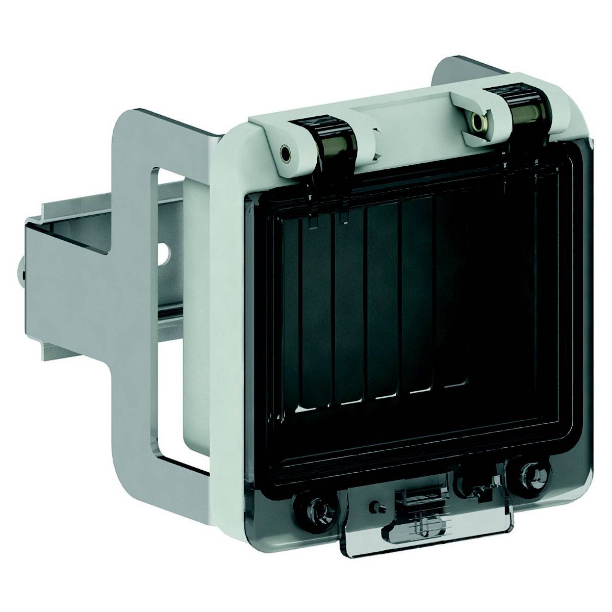 Elektrische Steckdose mit Schutzklappe, Wandmontage vorgesehen, robuste Bauweise, geeignet für den Einsatz im Außenbereich.