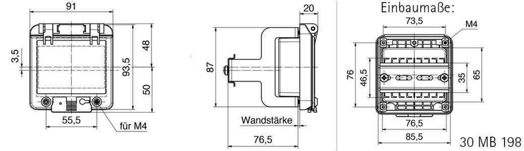 Technische Zeichnung eines Bauteils mit spezifischen Abmessungen: 91 x 87 x 76,5 mm. Markierung für M4 Schrauben und Wandstärke von 20 mm.