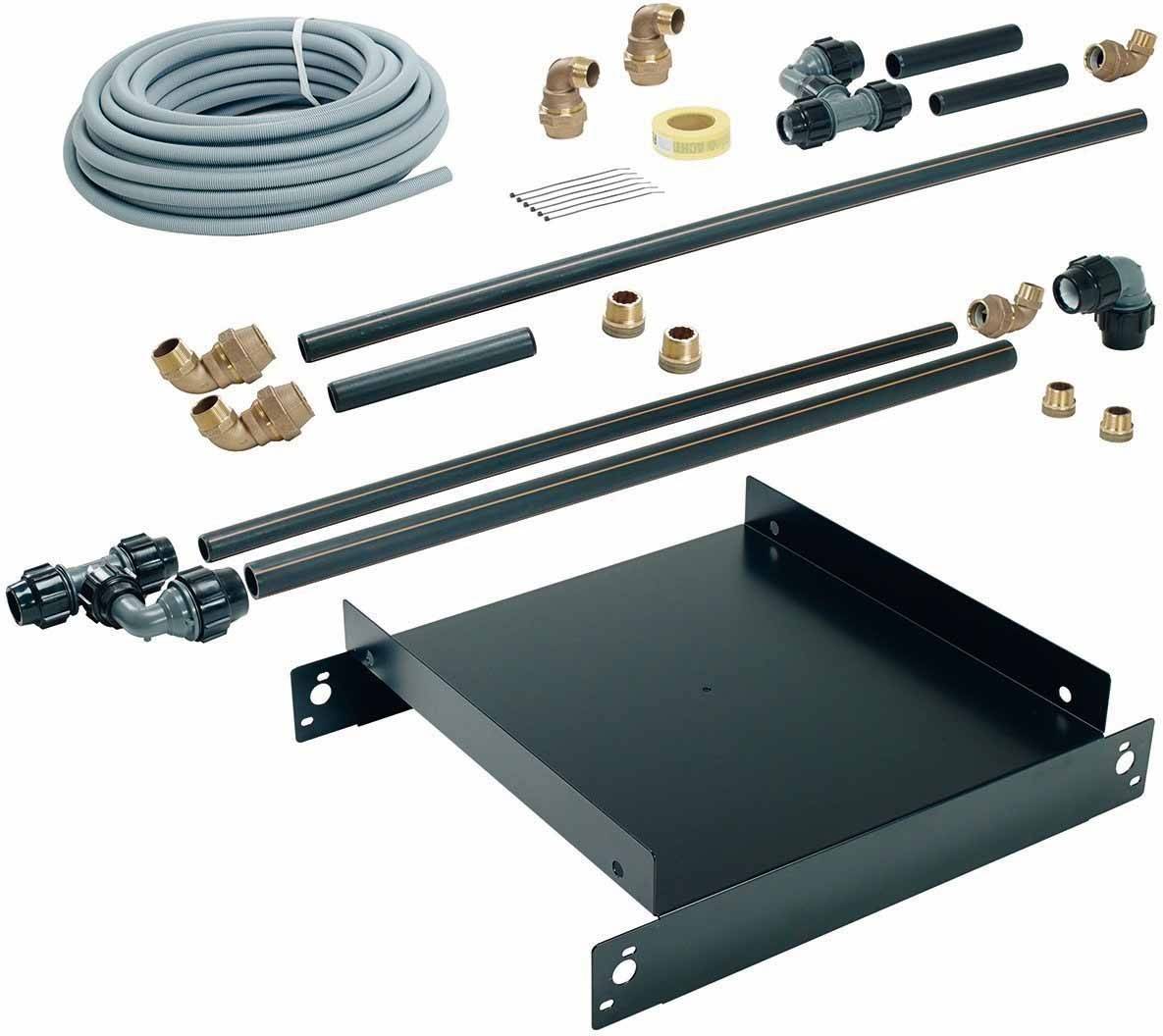 Heizungsinstallationsset mit Rohren, Verbindungsstücken, Ventilen und Zubehör, ideal für die Montage von Heizsystemen.