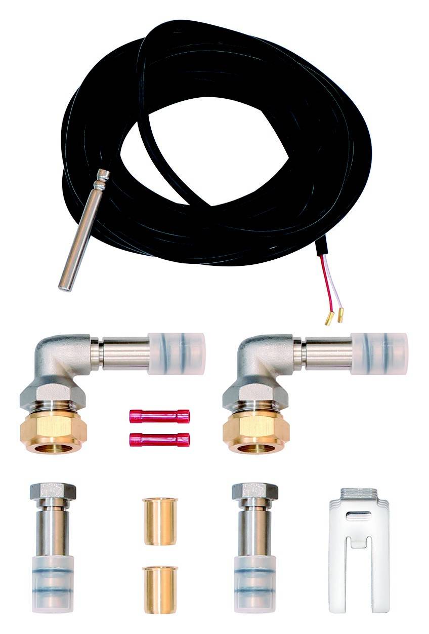 Installationsset mit zwei Winkelschraubverbindern, zwei geraden Schlauchanschlüssen, Sensor und Kabel. Enthält auch zwei rote Steckklemmen und Zubehörteile.