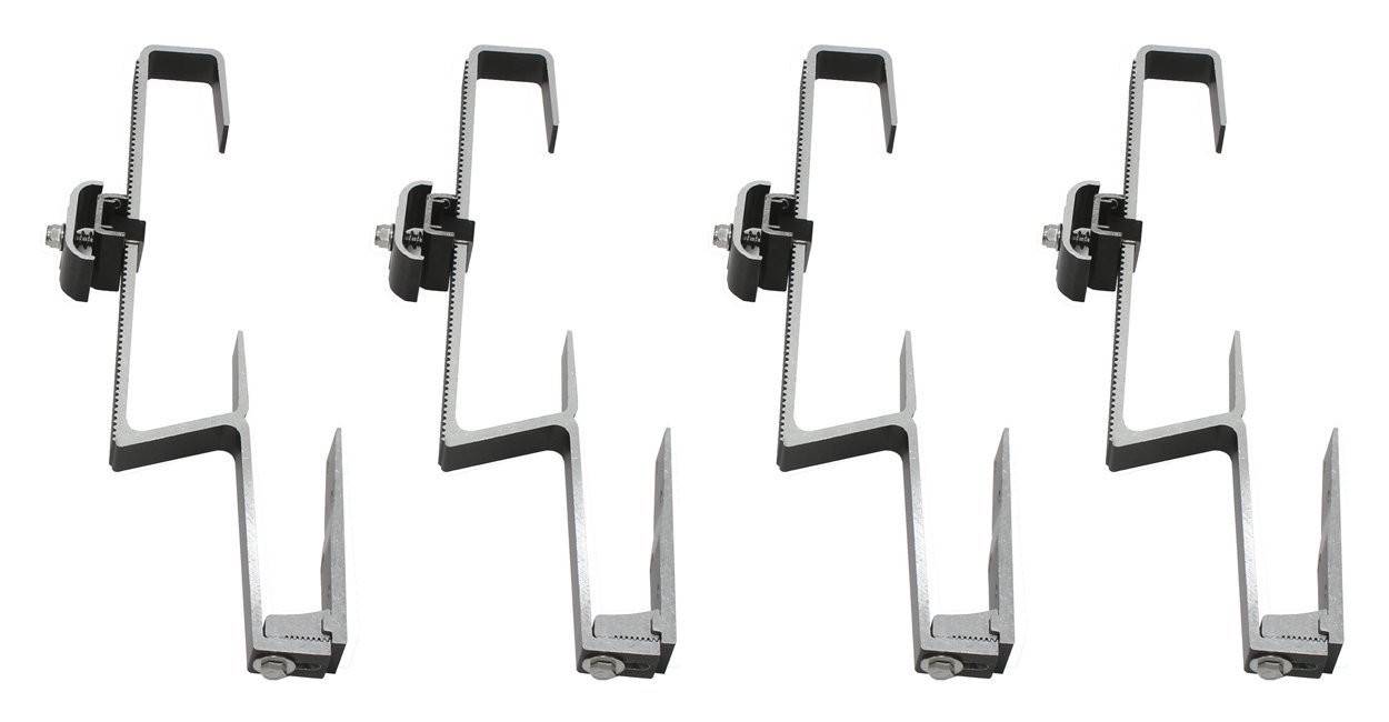 Vier Metallklammern, jede mit einem Schraubmechanismus, zur Befestigung an flachen Oberflächen. Sie sind in einer geraden Linie angeordnet.