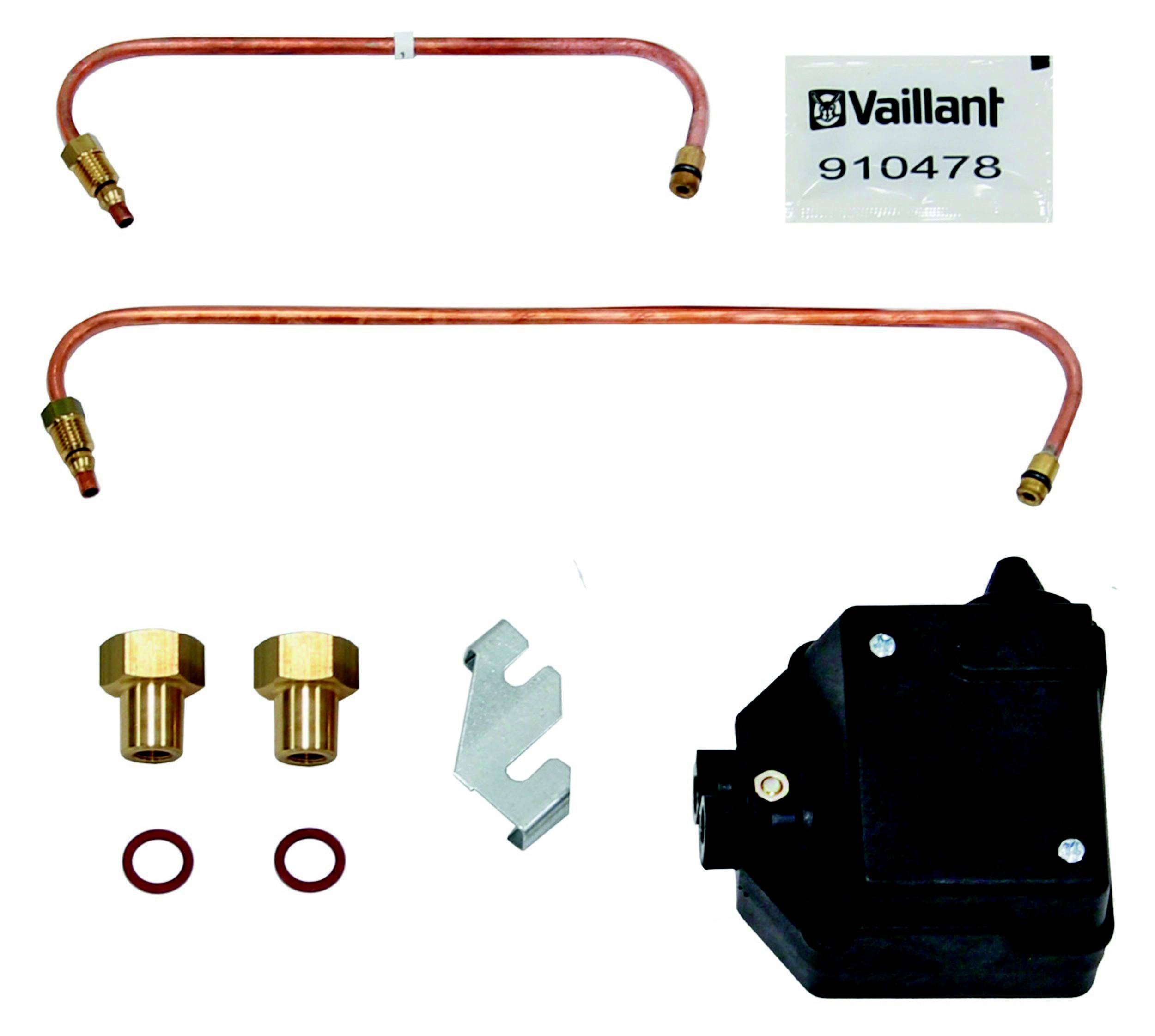 Ersatzteil-Set für Vaillant-Heizung mit Kupferrohren, Dichtungen, schwarzen Gehäuseteil und Montagezubehör, Artikelnummer 910478.