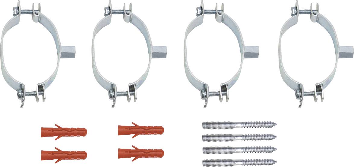 Zeichnung einer Rohrschelle mit Dübel. Die Rohrschelle ist mit einem Schraubmechanismus verbunden, der den Dübel in Position hält.