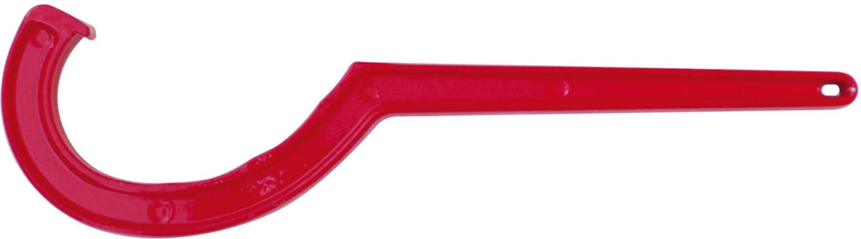 Roter runder Hakenschlüssel, meist zum Lösen oder Anziehen von Metallringen oder -muttern verwendet, zeigt eine typische L-Form.