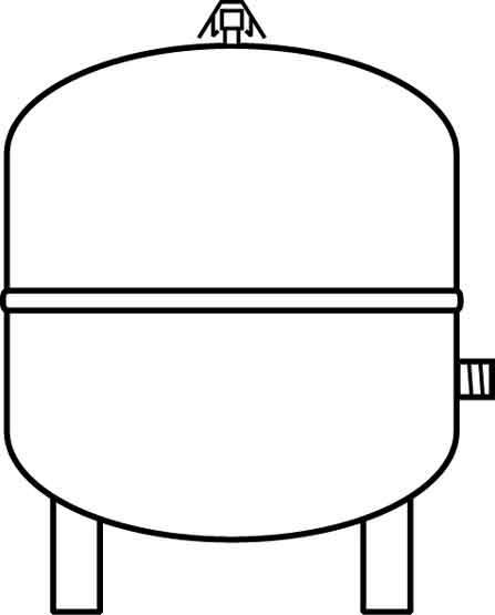 Ein einfacher, linear gezeichneter großer Wassertank mit Kuppel, auf zwei Beinen, mit seitlichem Anschluss und Ventil oben.