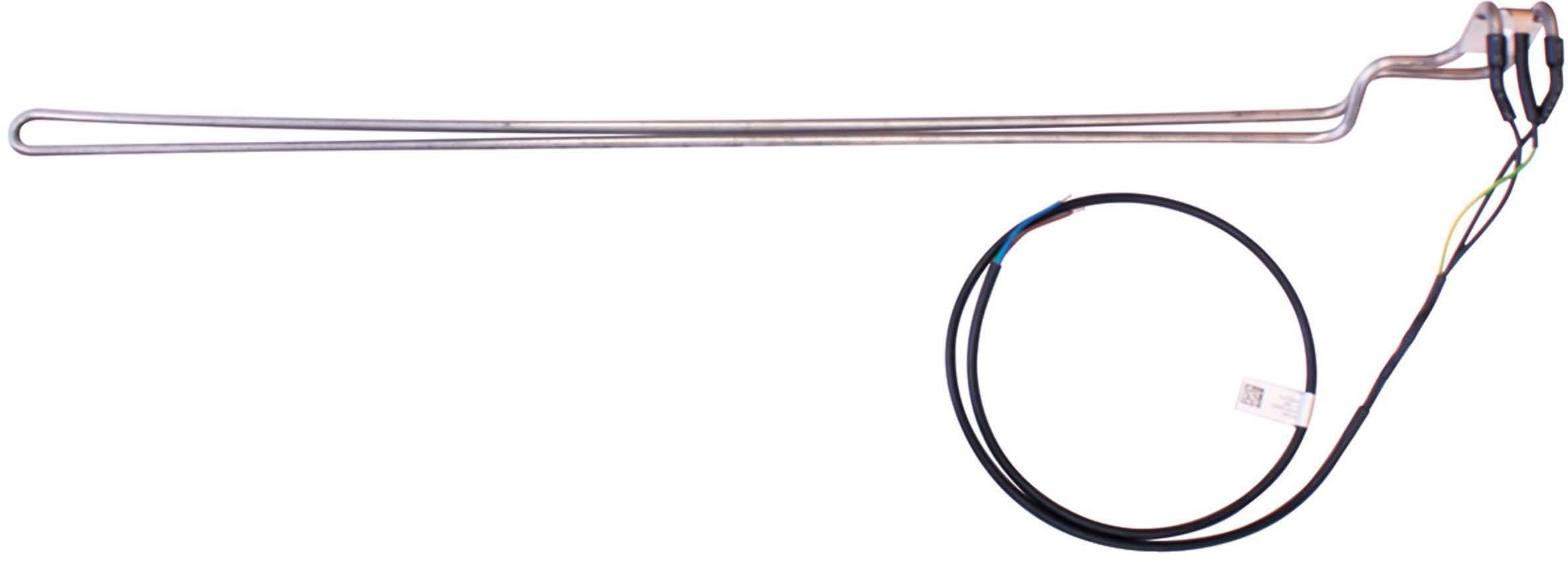Ein langes, gebogenes Metallheizelement mit angeschlossenem Kabel, wahrscheinlich Teil eines Haushaltsgeräts zur Erzeugung von Wärme.