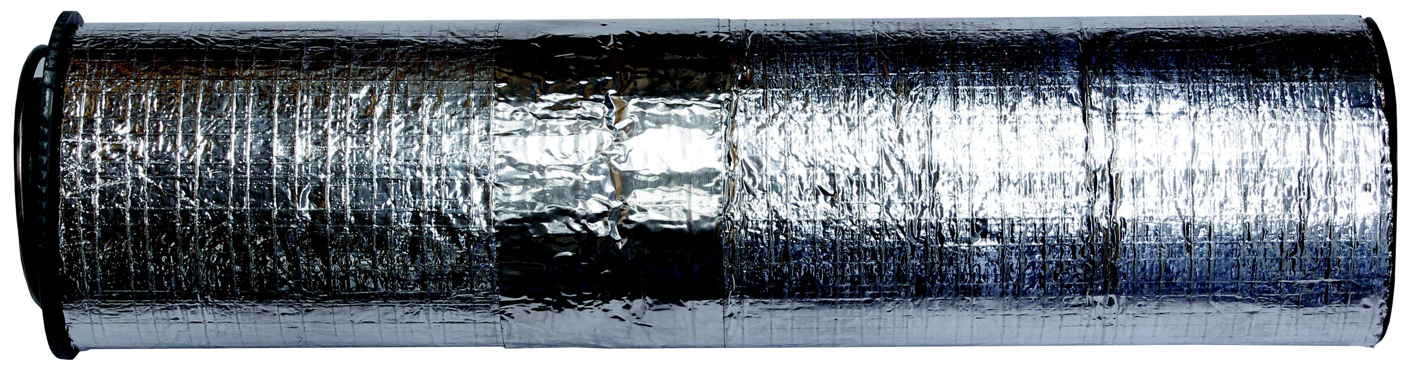 Eine metallisch glänzende Isolationsrolle, möglicherweise aus Aluminiumfolie, Ränder haben schwarze Abschlüsse.