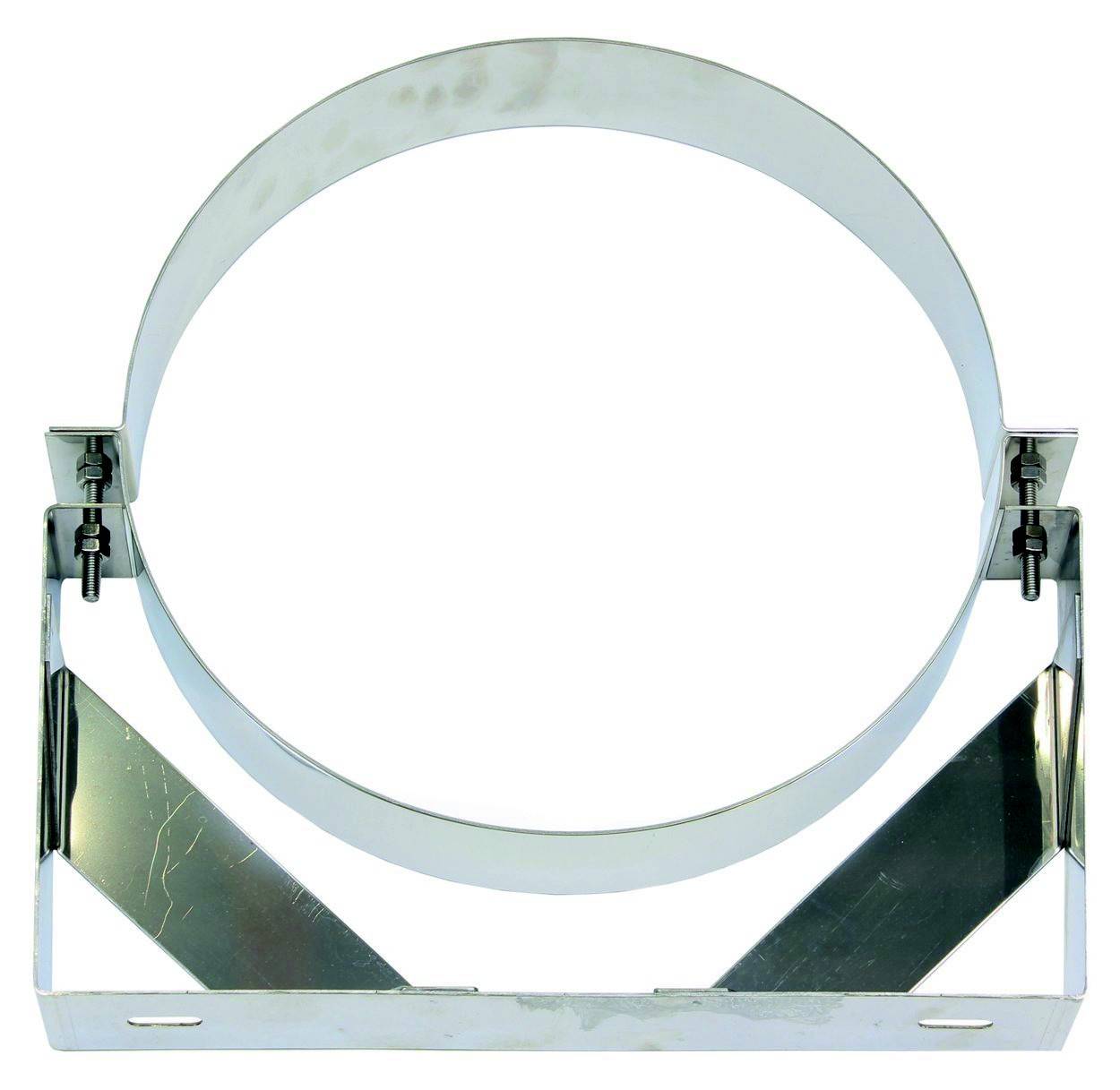 Metallisches Rohrband mit rechteckigem Sockel zur Befestigung von zylindrischen Objekten. Geeignet für Schornsteininstallationen.
