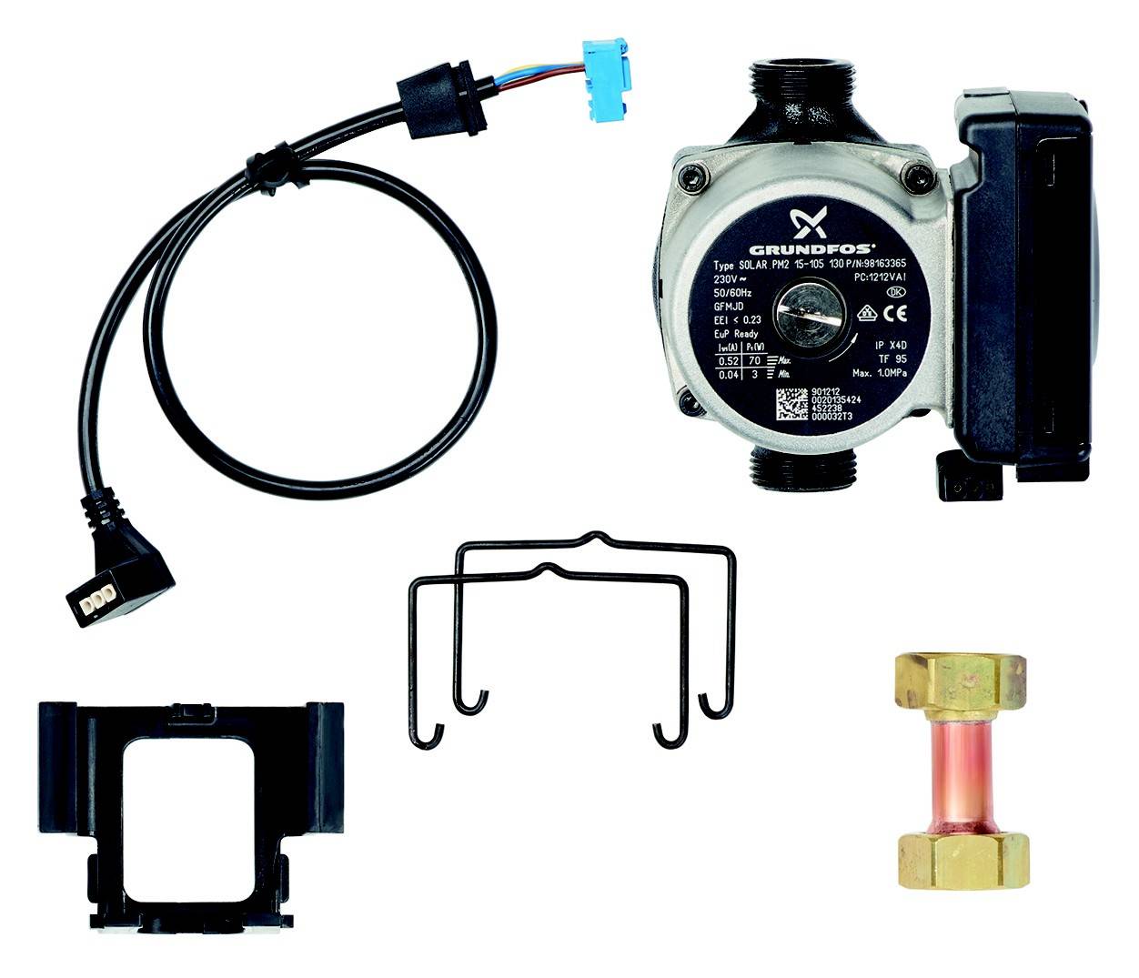 Grundfos-Pumpe Set bestehend aus einer Pumpe, einem Kabel, einem Halterungsclip, einem Rohrabschnitt und einer Befestigungshalterung.