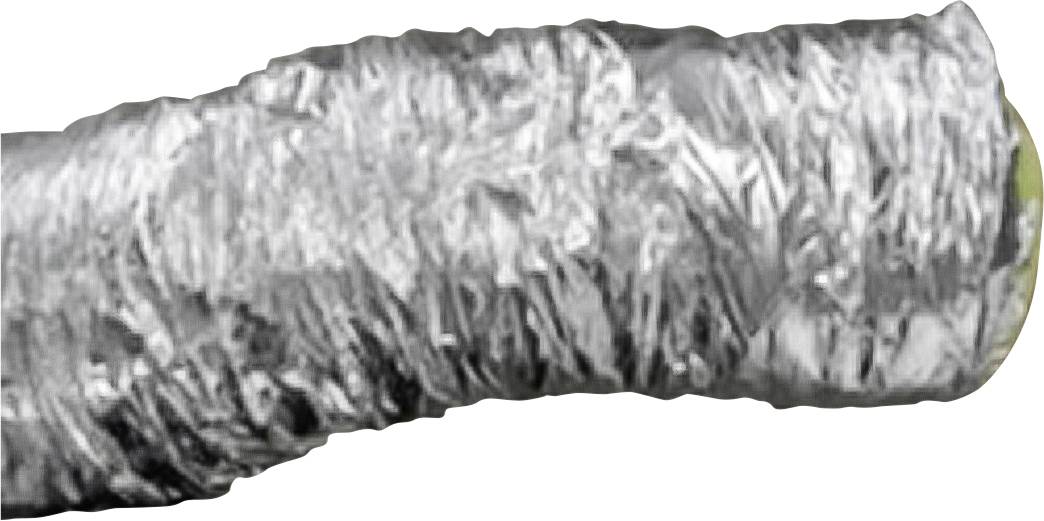 Nahaufnahme eines flexiblen, silbernen isolierten Rohrs oder Schlauchs vor weißem Hintergrund.