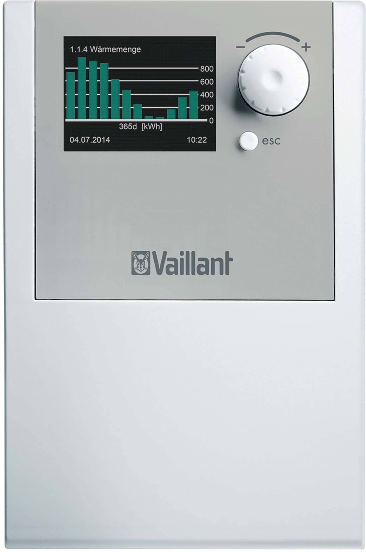 Ein Heizungsregler mit Display zeigt ein Balkendiagramm der Wärmemenge über 365 Tage in kWh an. Ein Drehknopf daneben.