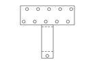 Strichzeichnung eines metallischen T-förmigen Bauteils mit mehreren symmetrisch angeordneten Bohrungen.