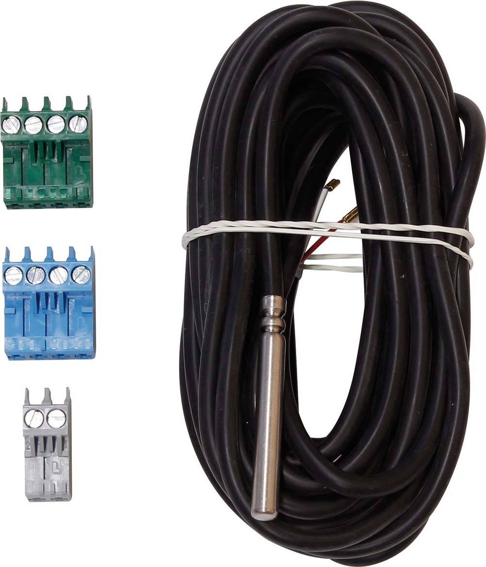 Ein schwarzes Kabel mit einem Metallfühler, begleitet von drei verschiedenfarbigen Klemmen in Grün, Blau und Grau.