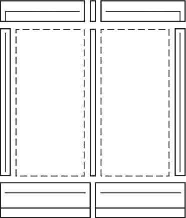 Diagramm eines doppelflügeligen Fensters mit Rahmen. Zeigt horizontale und vertikale Linien für Rahmenstruktur und Drehpunktangaben.