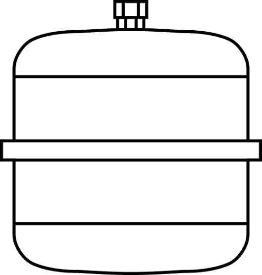 Ein einfaches Diagramm zeigt ein rundes Ausdehnungsgefäß mit einer horizontalen Trennlinie und einem Anschluss oben.