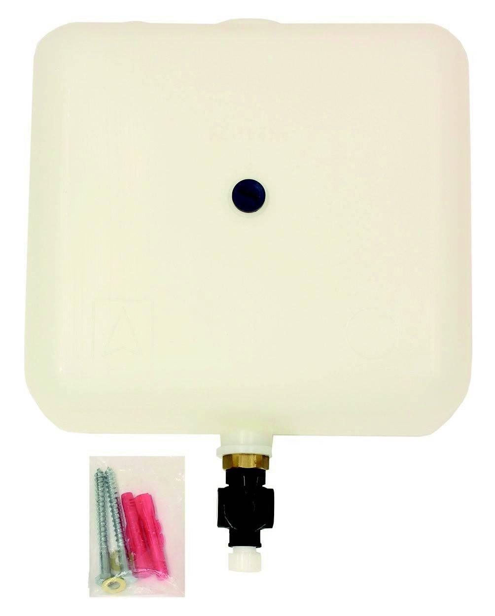 Weißer Kunststoff-Wasserhahn mit Zubehör, einschließlich Schrauben und Dübel, zur Wandmontage.