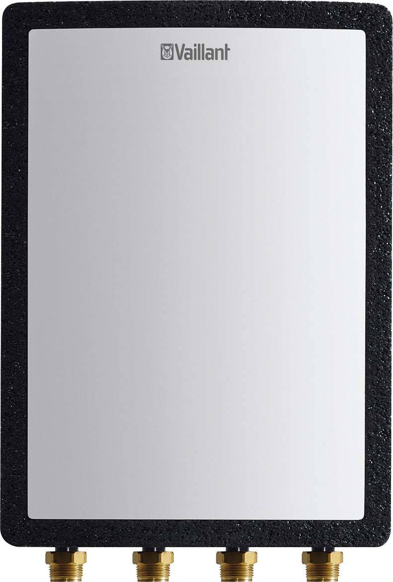 Vaillant Heizgerät mit schwarzem Rahmen und drei Anschlussventilen unten, geeignet für Heizungsanlagen.