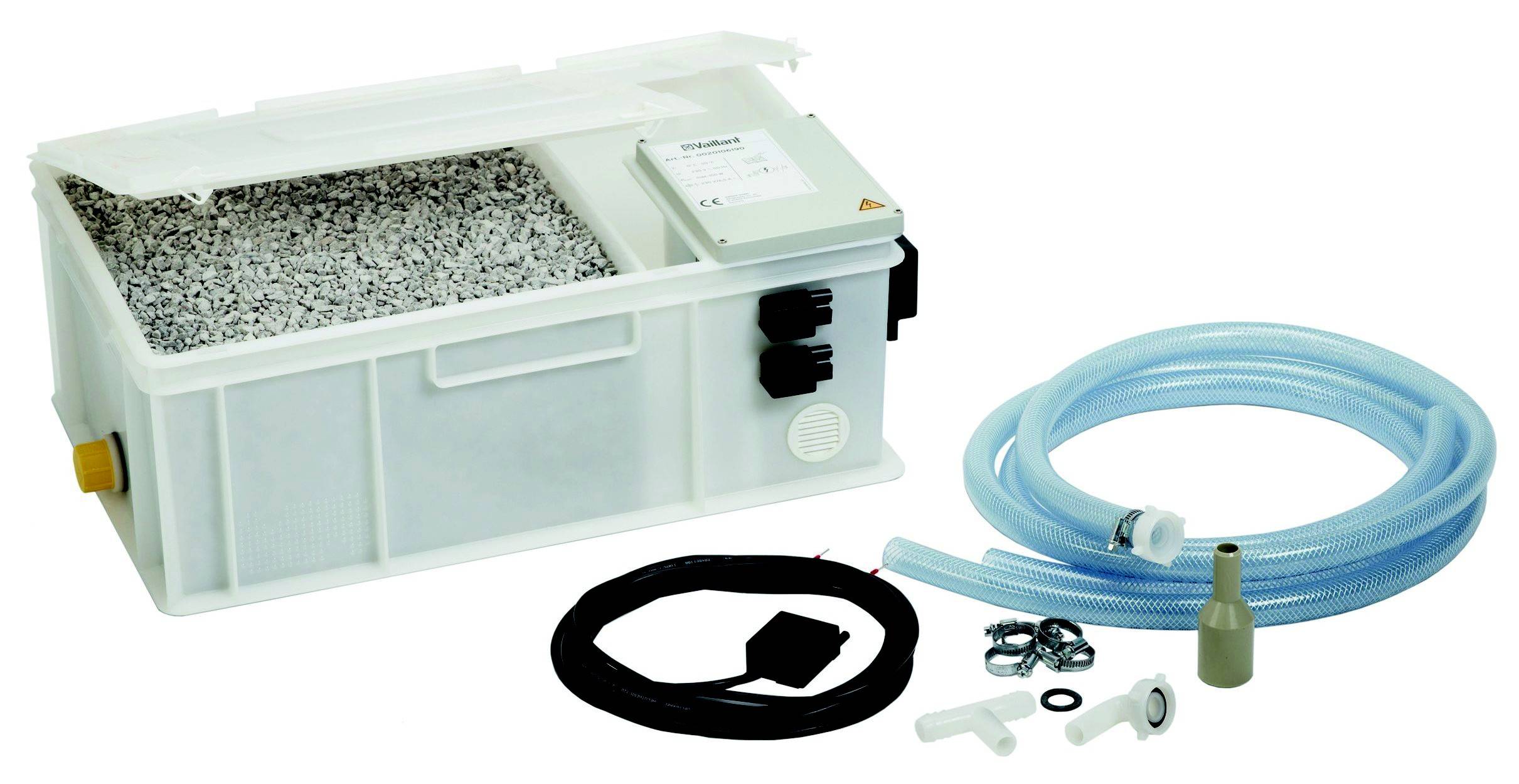 Wasserpumpenset bestehend aus einem Behälter mit Kies, Schläuchen und Zubehörteilen, zur Anwendung in Heizungsanlagen.
