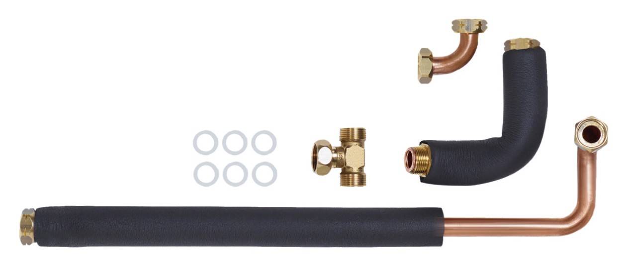 Kupferrohr-Kit mit mehreren isolierten Rohrsegmenten, einschließlich Fittings und Dichtungen, zur Verbindung von Heizungs- oder Kühlsystemen.