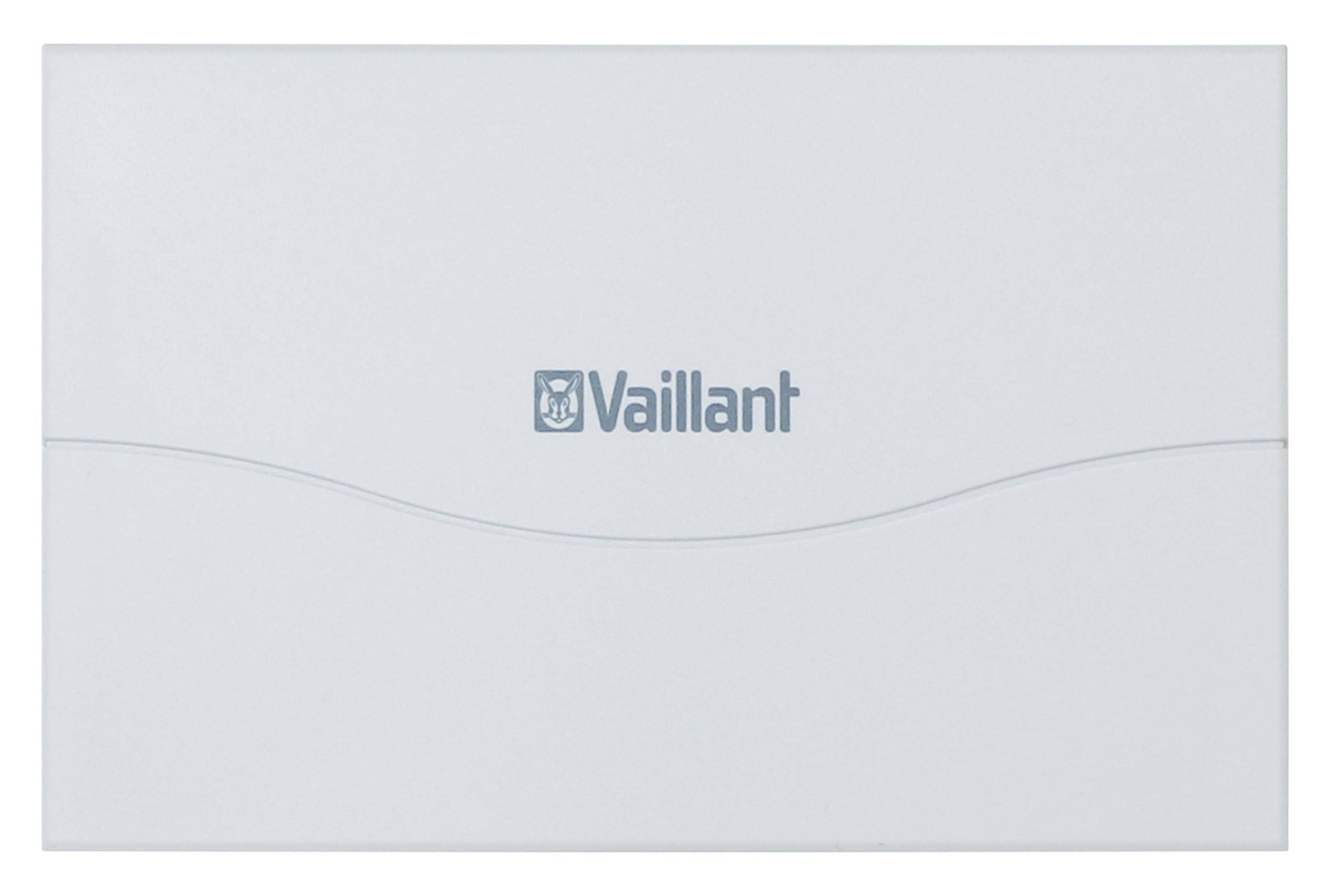 Ein weißer Thermostat mit dem Logo und Namen 'Vaillant' auf der Vorderseite.