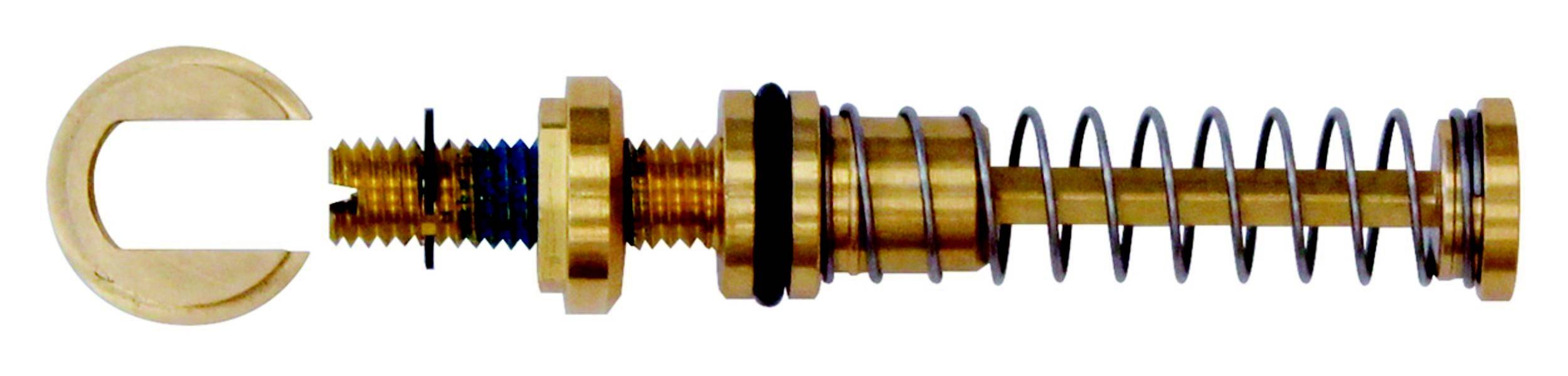 Querschnitt einer Metallfeder, die in einem mechanischen Bauteil eingebaut ist. Zeigt Spiralfeder, Gewinde und Dichtungen.