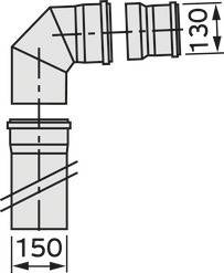 Diagramm eines Rohrverbindungsstücks zeigt eine 90-Grad-Biegung mit den Maßen '150' und '130' mm.