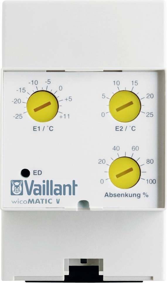 Weiße Vaillant-Heizungsteuerung mit drei gelben Drehknöpfen und Skalen für Temperatur ('E1', 'E2') und Absenkung (%).