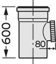 T-Stück Rohrleitung, vertikale Längeneinheit 600 mm, seitlicher Anschluss 80 mm Durchmesser. Technische Illustration.
