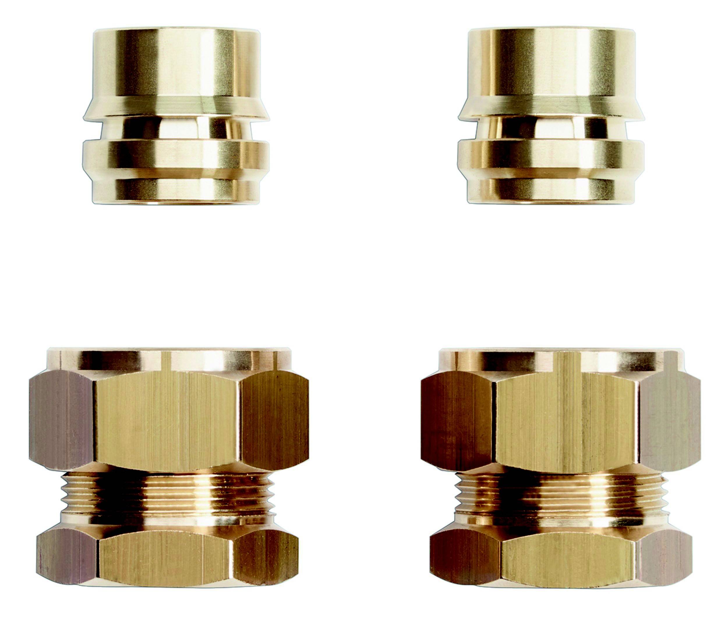 Vier goldfarbene Metallfittings vor weißem Hintergrund, symmetrisch angeordnet in zwei Reihen mit zwei Teilen pro Reihe.