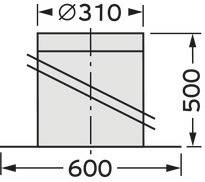 Zeichnung eines Zylinders, 310 mm Durchmesser, 500 mm Höhe, auf einem 600 mm breiten Grundriss. Diagonale Linien im Inneren.