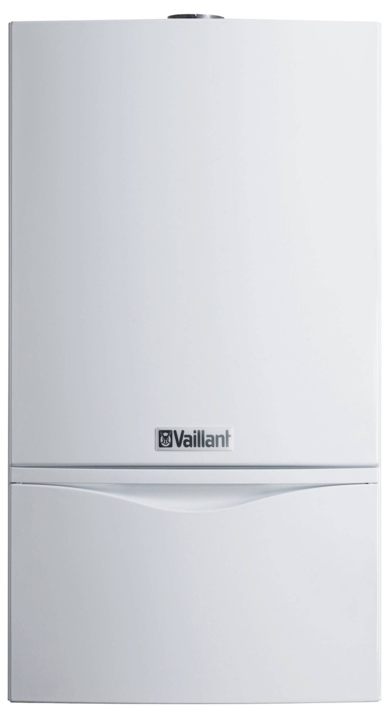 Eine weiße, rechteckige Kesseleinheit mit glatter, moderner Gestaltung, mit der Marke 'Vaillant' gekennzeichnet, mit einer eleganten Oberfläche und minimalistische Optik.