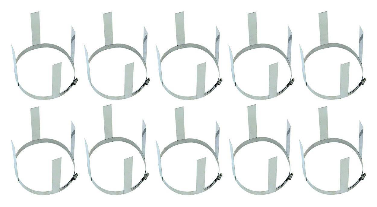 Zehn weiße, runde Metallhaken, die zur Befestigung von Gegenständen, beispielsweise für Reifen oder Schlauchhalterungen, dienen können.