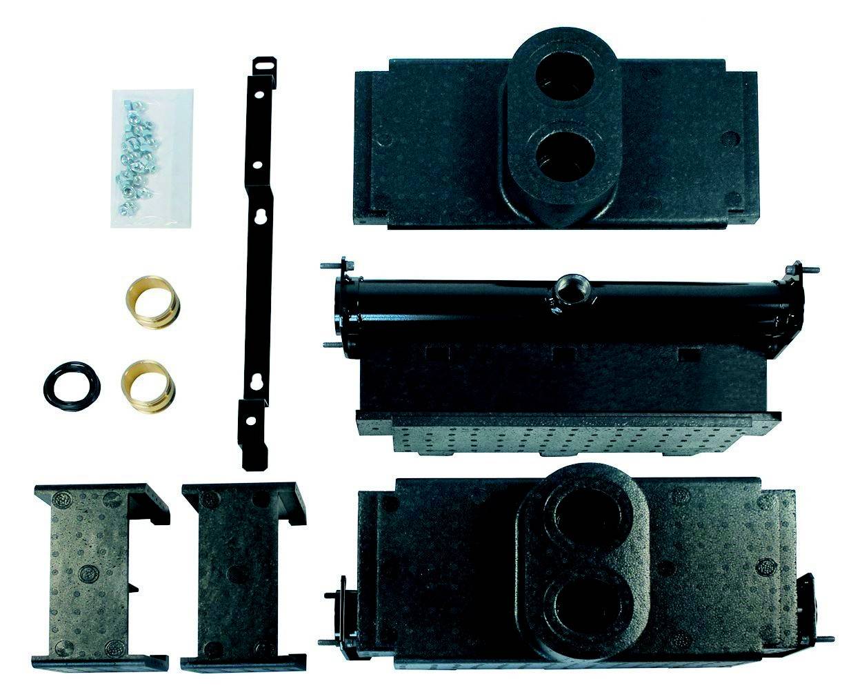 Kit mit schwarzen Kunststoffteilen und Befestigungsmaterial, vermutlich für eine industrielle oder technische Anwendung. Enthält Schrauben, Gewinderinge, und verschiedene Gehäuseteile.