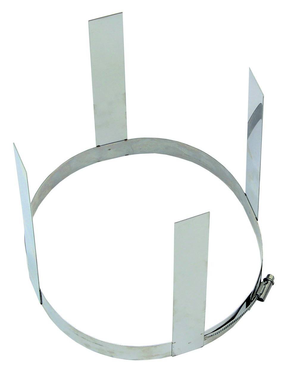 Ein silbernes Metallband in kreisförmiger Form mit vier vertikal angeordneten, rechteckigen Platten.